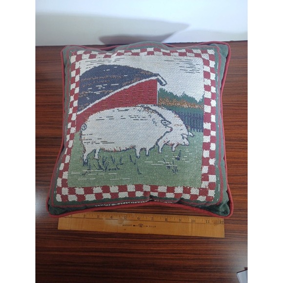 Vintage Farmhouse New Country Gear Pig On Farm Red Plaid Green Pillow - Picture 5 of 11
